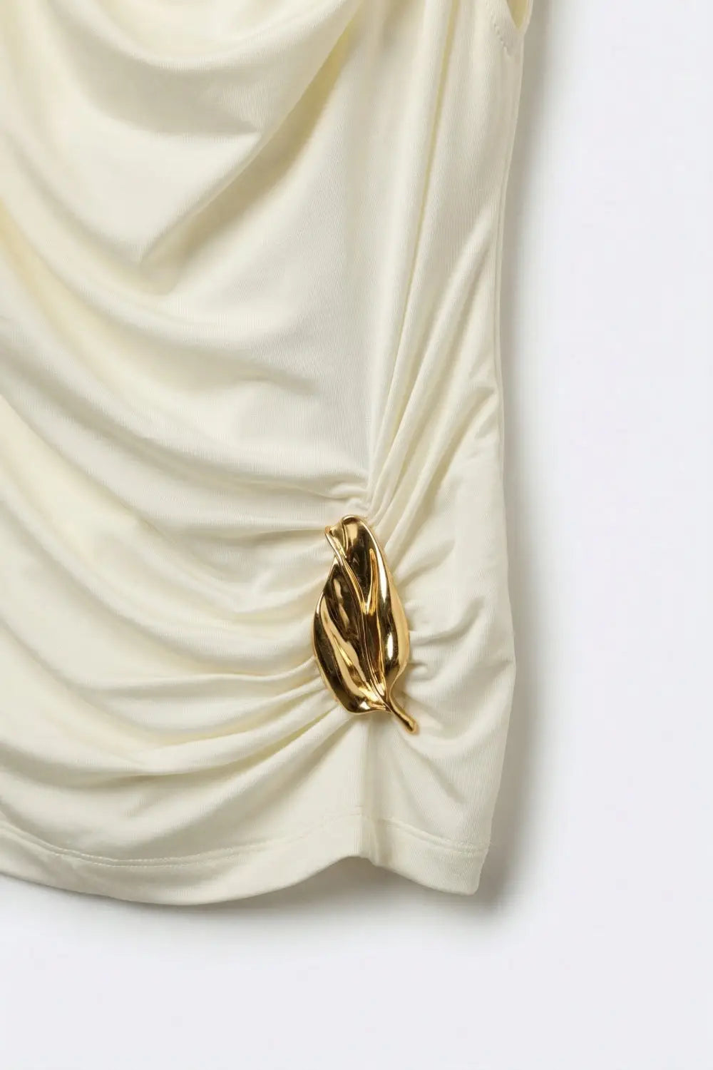 Cream Draped Sleeveless Top With gold Metal Decor - Tops