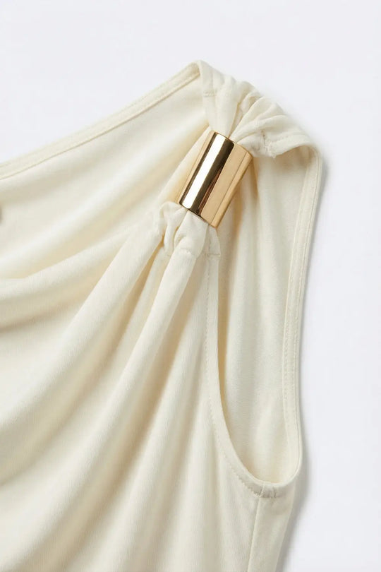 Cream one sleeve Top in elastic viscose with Gold Accent Detail - Tops