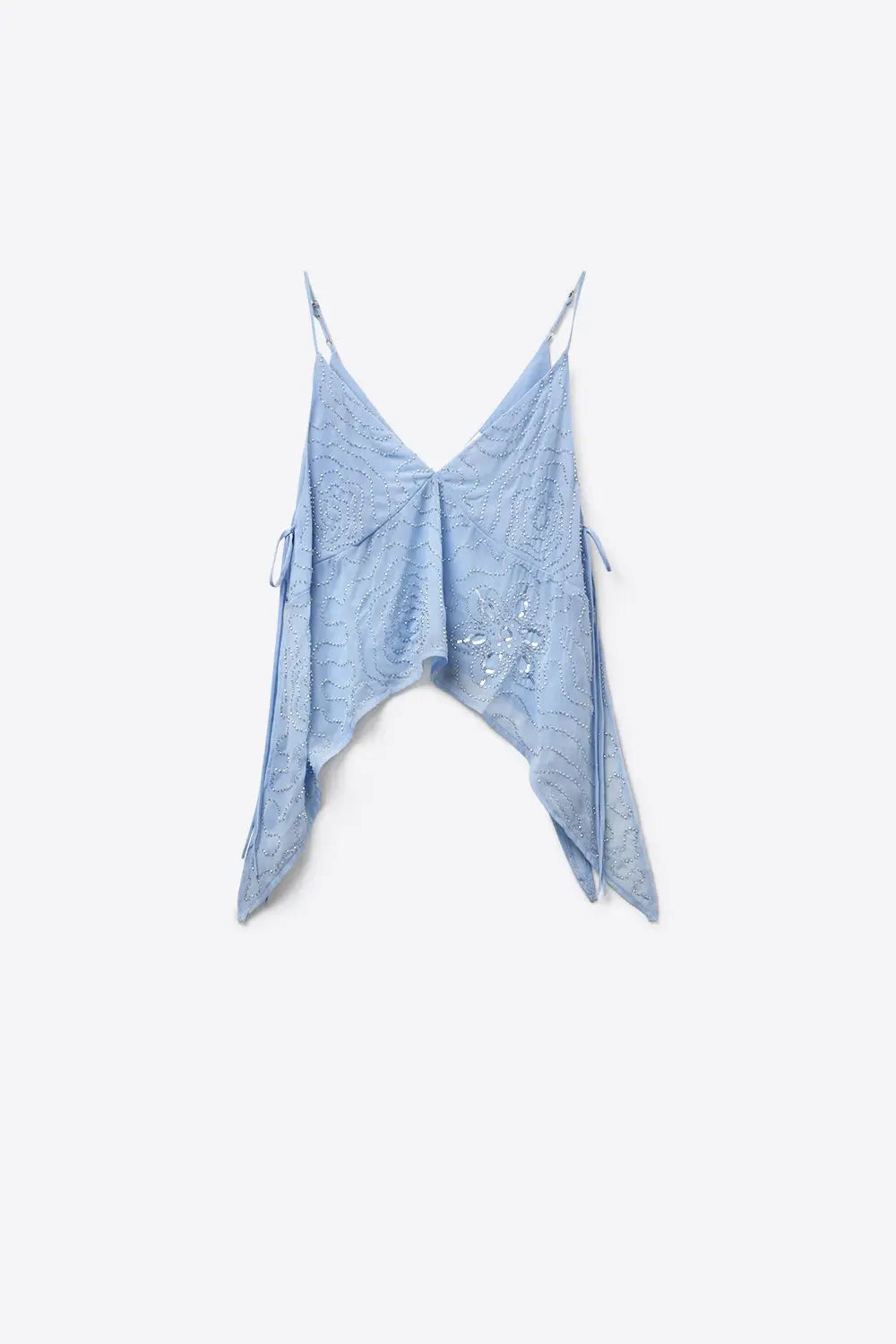 Light Blue chiffon Asymmetric Hem Top with Beaded embellishment - Tops