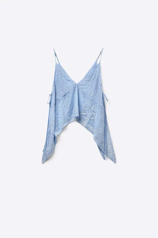 Light Blue chiffon Asymmetric Hem Top with Beaded embellishment - Tops