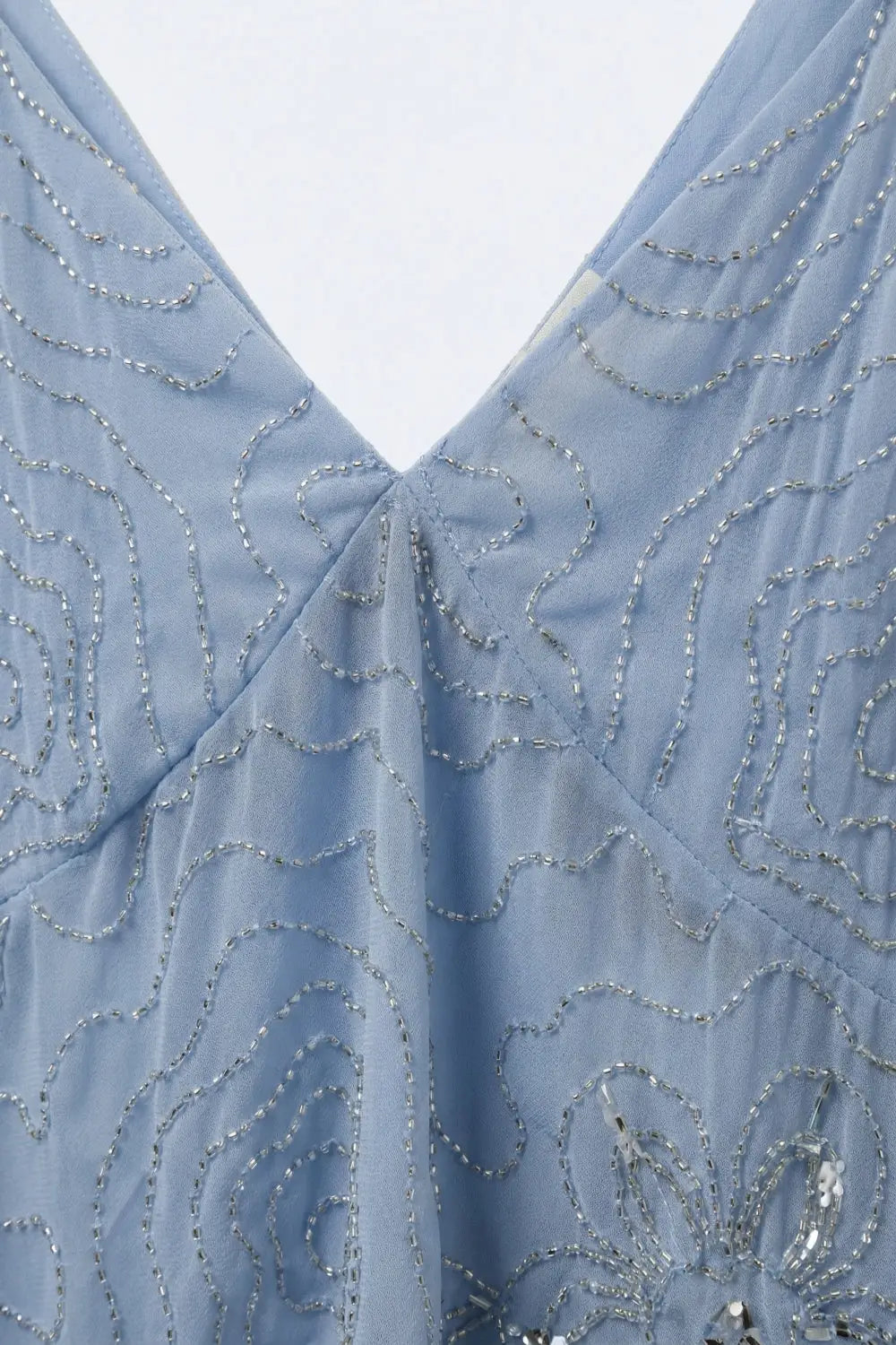 Light Blue chiffon Asymmetric Hem Top with Beaded embellishment - Tops