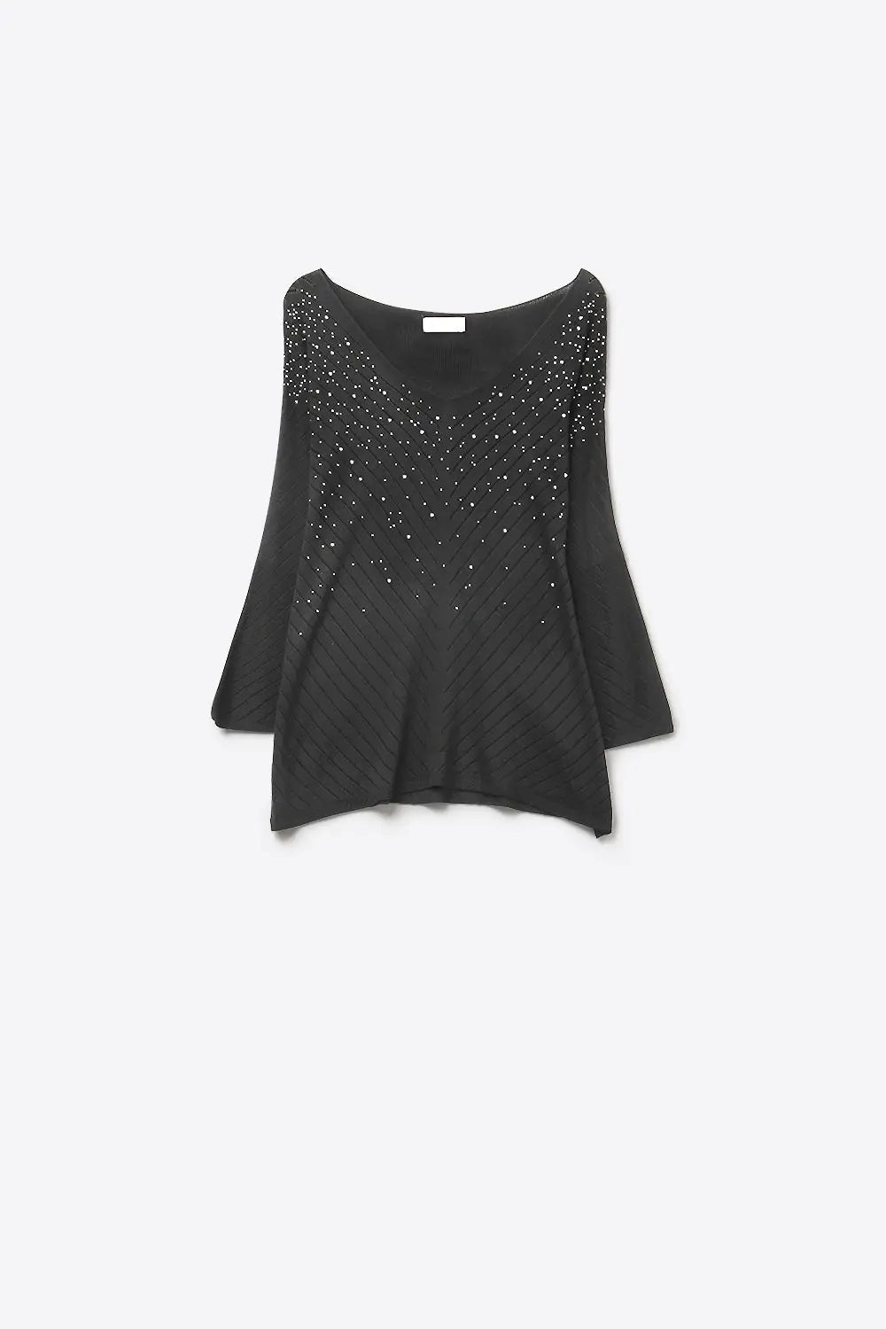 Black Embellished V-Neck Knit Top with Flared Silhouette - BLACK / ONE - Sweaters