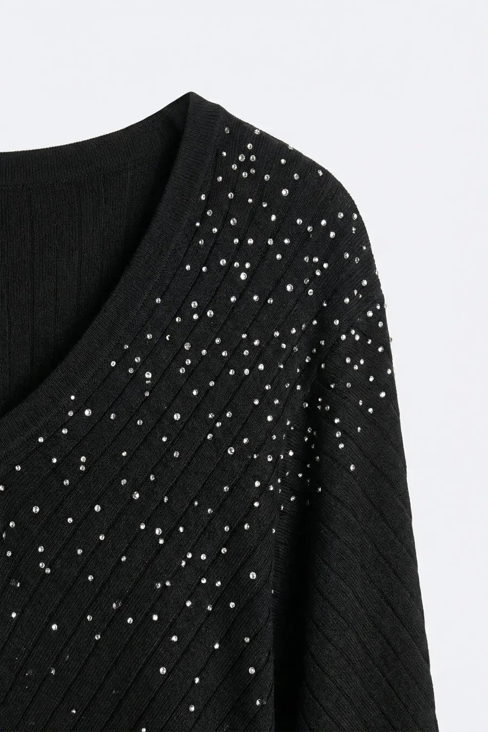 Black Embellished V-Neck Knit Top with Flared Silhouette - BLACK / ONE - Sweaters