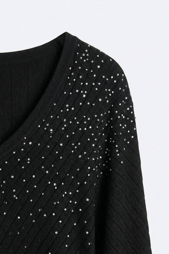Black Embellished V-Neck Knit Top with Flared Silhouette - BLACK / ONE - Sweaters