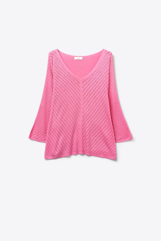 Pink V-Neck Sweater with Subtle Sparkle Detail - PINK / ONE - Sweaters