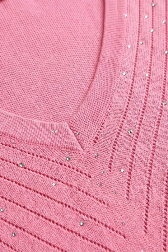 Pink V-Neck Sweater with Subtle Sparkle Detail - PINK / ONE - Sweaters