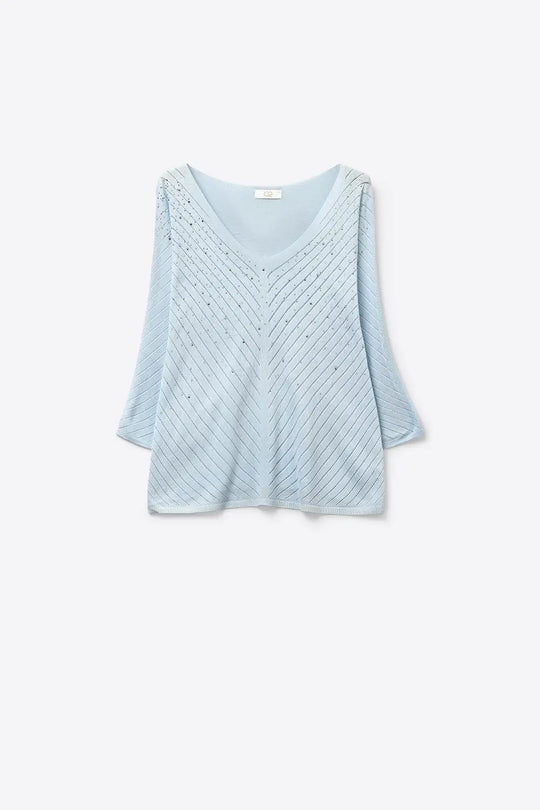 Light Blue Knit V-Neck Sweater with Sparkle Detail - BLUE / ONE - Sweaters