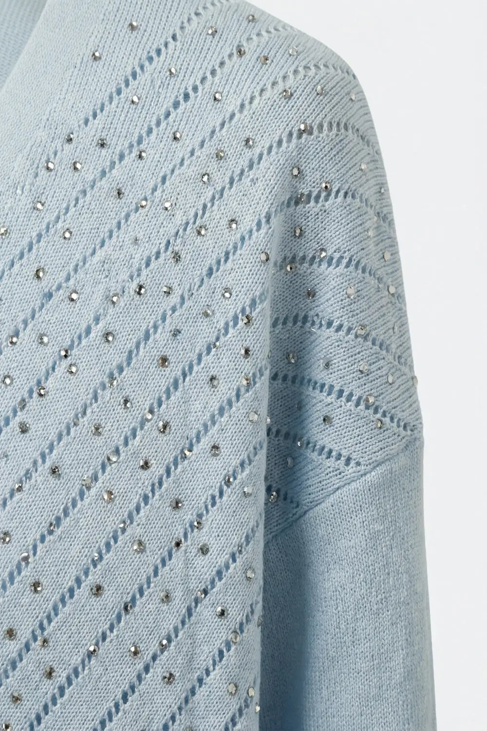 Light Blue Knit V-Neck Sweater with Sparkle Detail - BLUE / ONE - Sweaters
