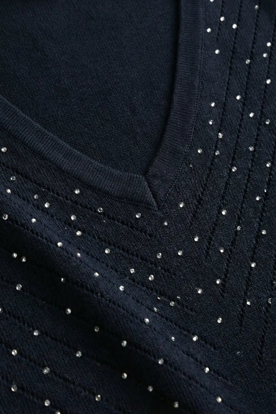Navy V-Neck Embellished Knit Sweater Top - NAVY / ONE - Sweaters
