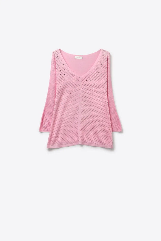 Pink V-Neck Lightweight Knit Sweater with Bead Detail - PINK / ONE - Sweaters