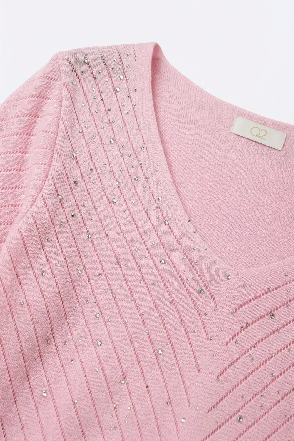 Pink V-Neck Lightweight Knit Sweater with Bead Detail - PINK / ONE - Sweaters