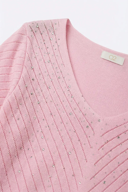Pink V-Neck Lightweight Knit Sweater with Bead Detail - PINK / ONE - Sweaters
