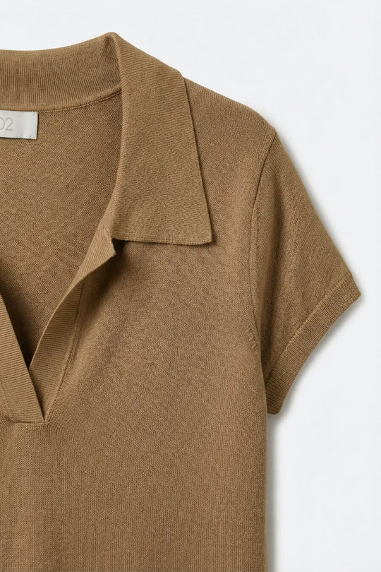 Camel fine Knit Polo Top with Short Sleeves - CAMEL / ONE - Polos
