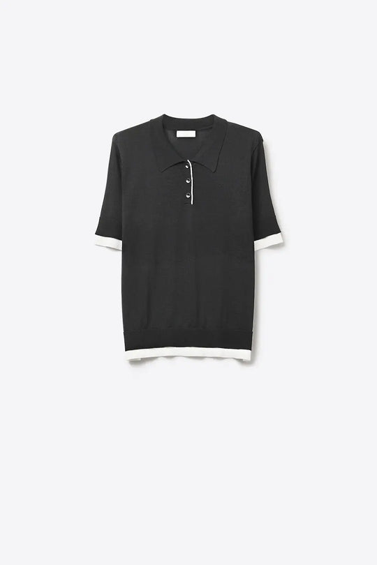 Black Short Sleeve Polo with White Trim Details - BLACK / ONE - Polos