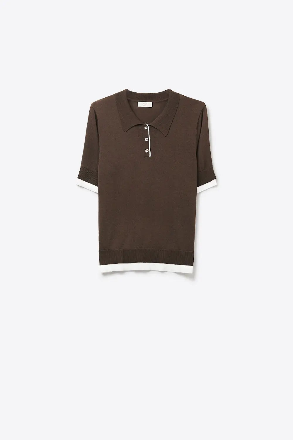 Brown Short Sleeve Polo Sweater with Contrast Trim - BROWN / ONE - Polos