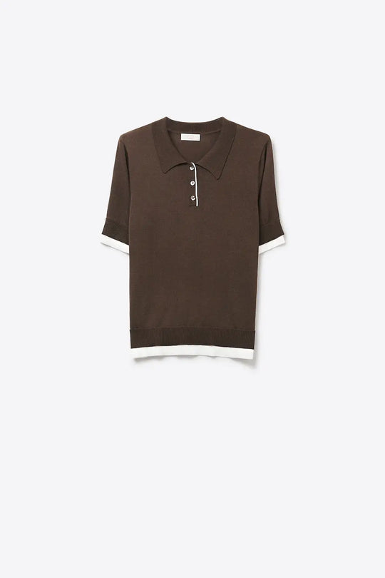 Brown Short Sleeve Polo Sweater with Contrast Trim - BROWN / ONE - Polos
