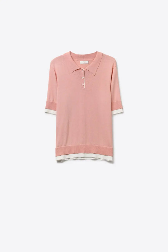 Pink Polo Knit Top with White Trim Details - PINK / ONE - Polos