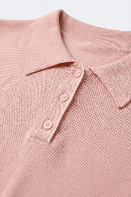 Pink Polo Knit Top with White Trim Details - PINK / ONE - Polos