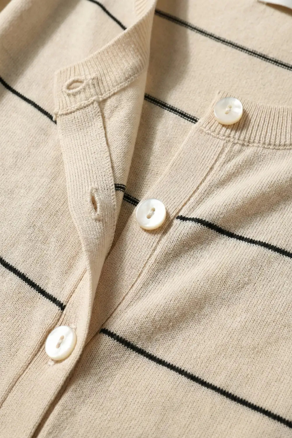 Beige Striped Button-Up Short Sleeve Cardigan - BEIGE / ONE - Cardigans