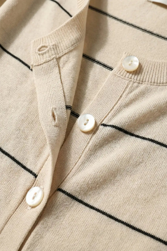 Beige Striped Button-Up Short Sleeve Cardigan - BEIGE / ONE - Cardigans