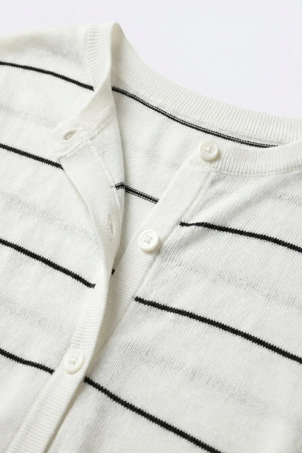 White Striped Knit Button-Front Short Sleeve Cardigan - WHITE / ONE - Sweaters