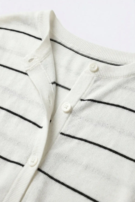 White Striped Knit Button-Front Short Sleeve Cardigan - WHITE / ONE - Sweaters