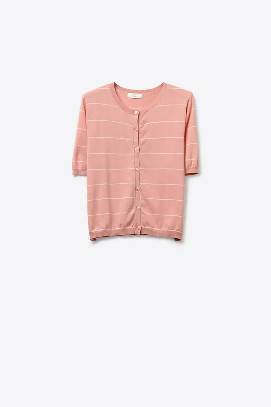 Pink Striped Knit Button-Up Cardigan with short sleeves - PINK / ONE - Cardigans
