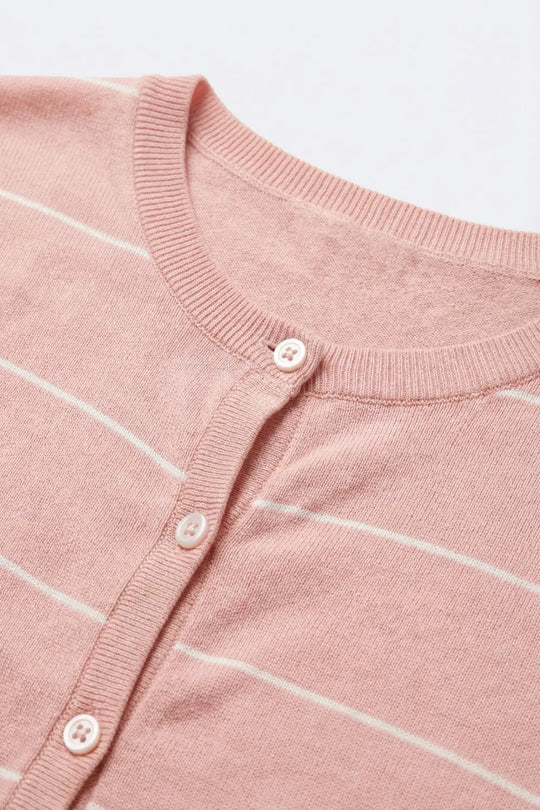 Pink Striped Knit Button-Up Cardigan with short sleeves - PINK / ONE - Cardigans