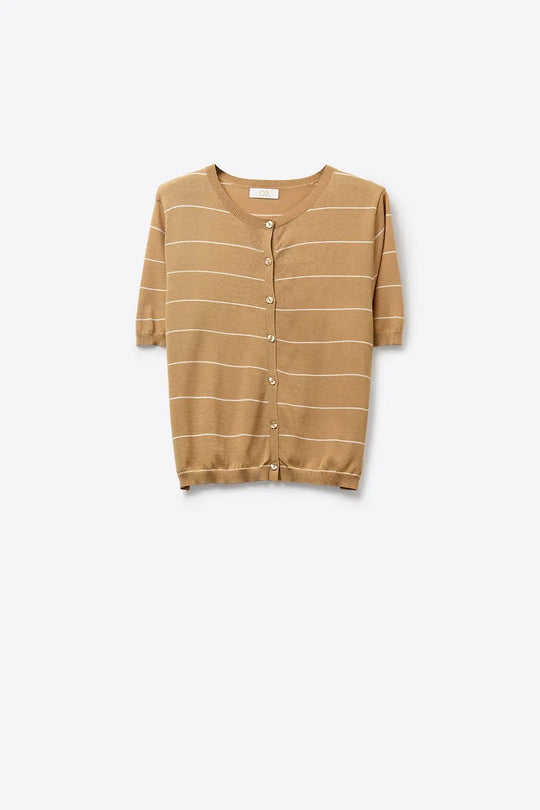 Camel Striped Short Sleeve Button-Up Cardigan - CAMEL / ONE - Cardigans