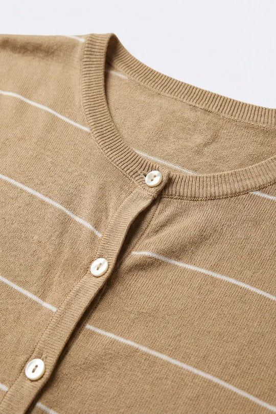 Camel Striped Short Sleeve Button-Up Cardigan - CAMEL / ONE - Cardigans