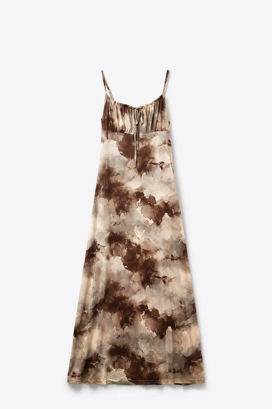 Brown Tie-Dye Slip maxi Dress with Adjustable Straps - Dresses