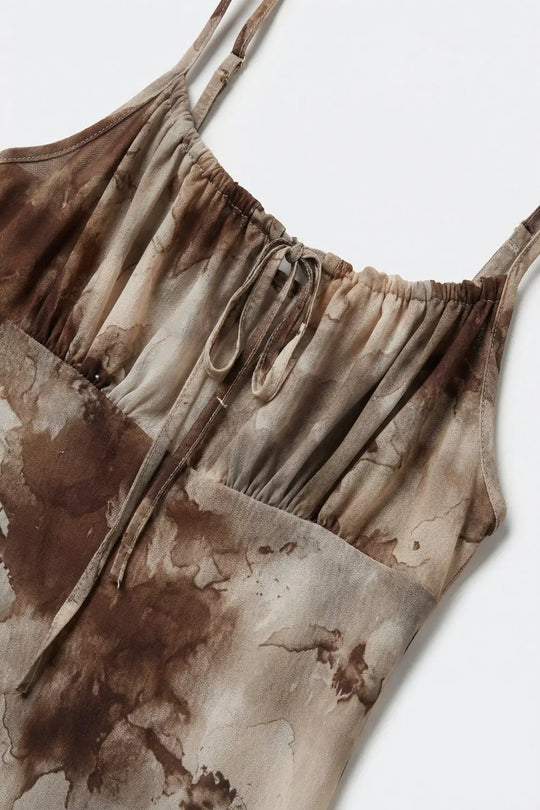 Brown Tie-Dye Slip maxi Dress with Adjustable Straps - Dresses