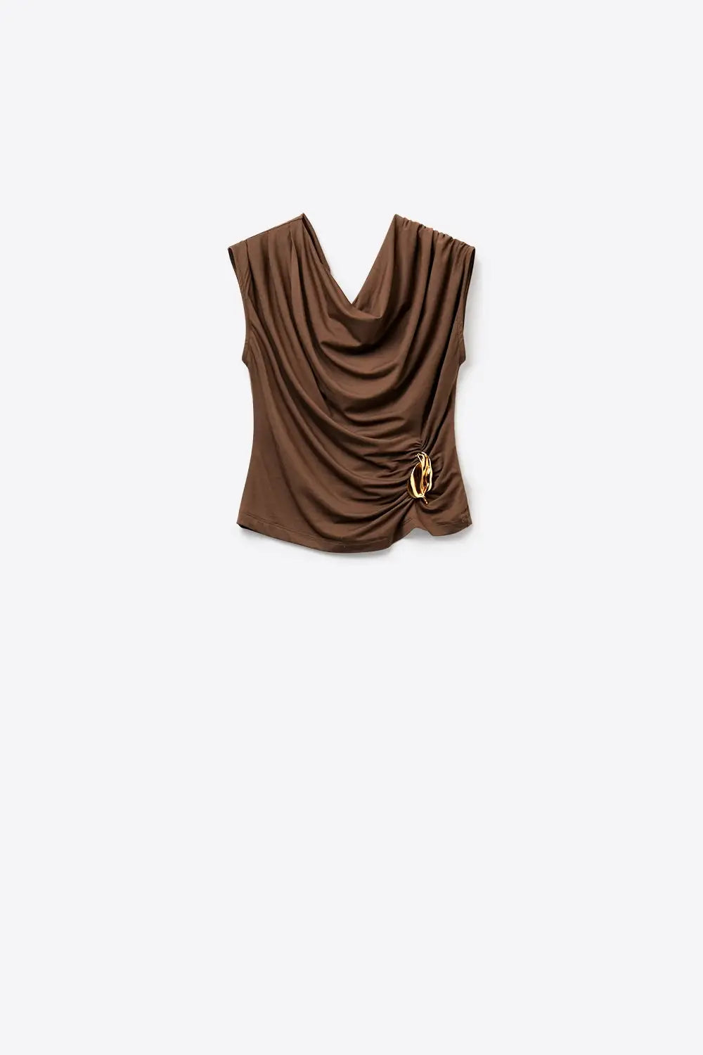 Brown Sleeveless Draped Top With gold Metal Decor - Tops