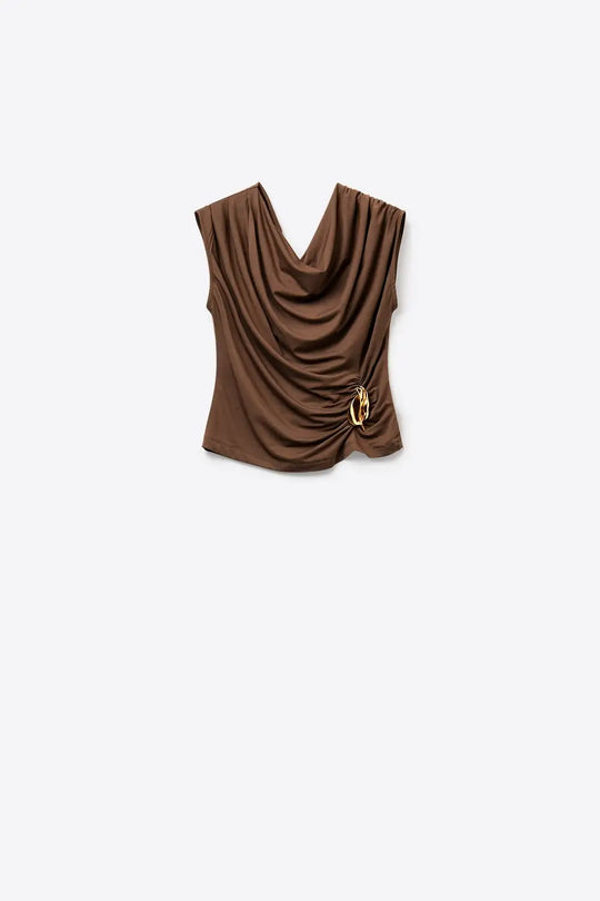 Brown Sleeveless Draped Top With gold Metal Decor - Tops