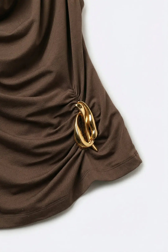 Brown Sleeveless Draped Top With gold Metal Decor - Tops