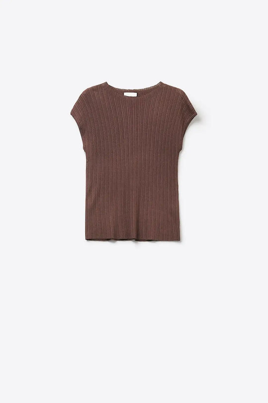 Brown Ribbed Knit Cap Sleeve Top - BROWN / ONE - Sweaters