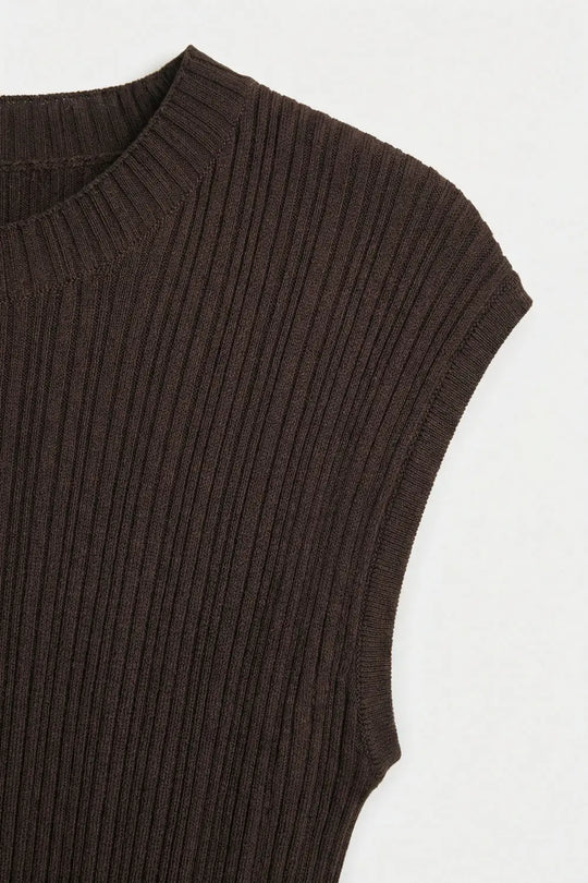 Brown Ribbed Knit Cap Sleeve Top - BROWN / ONE - Sweaters