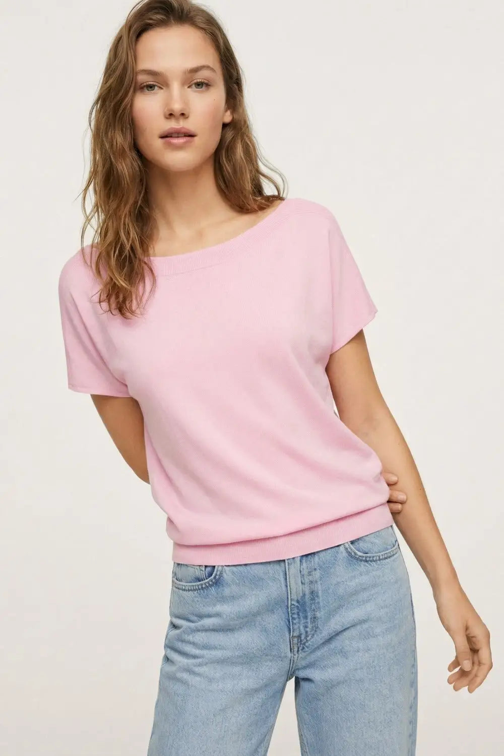 Relaxed baby pink boatneck sweater with dropped sleeves - PINK / ONE - Sweaters