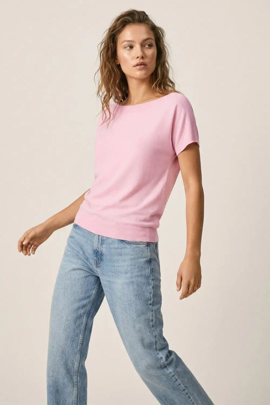 Relaxed baby pink boatneck sweater with dropped sleeves - PINK / ONE - Sweaters