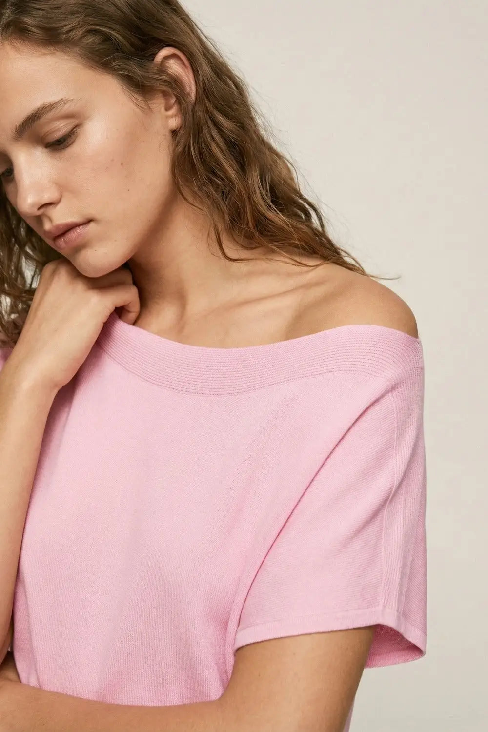 Relaxed baby pink boatneck sweater with dropped sleeves - PINK / ONE - Sweaters