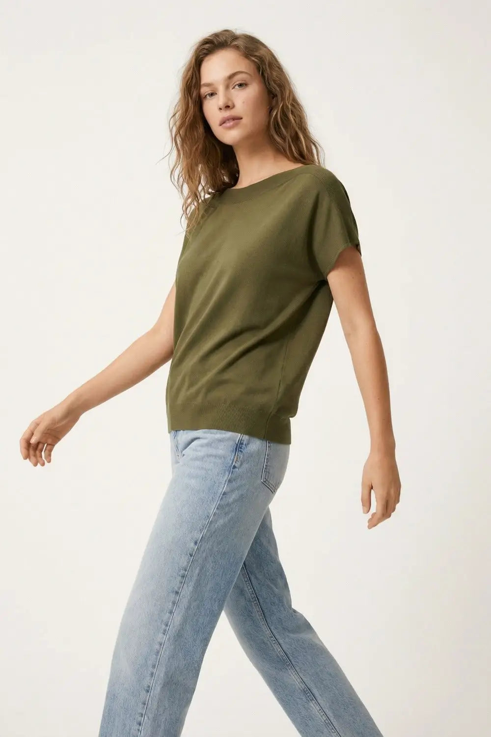 Relaxed khaki boatneck sweater with dropped sleeves - GREEN / ONE - Sweaters