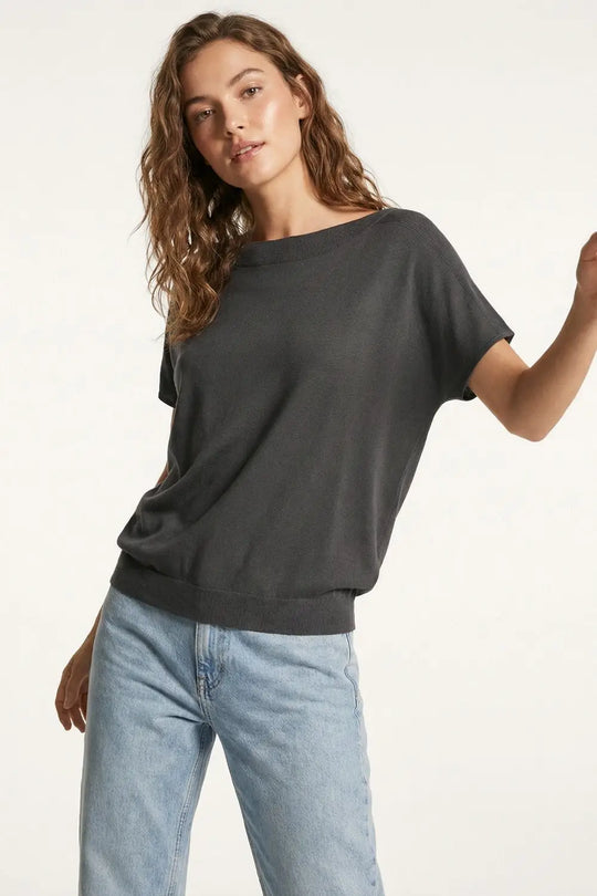 Relaxed black boatneck sweater with dropped sleeves - BLACK / ONE - Sweaters
