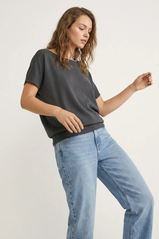 Relaxed black boatneck sweater with dropped sleeves - BLACK / ONE - Sweaters