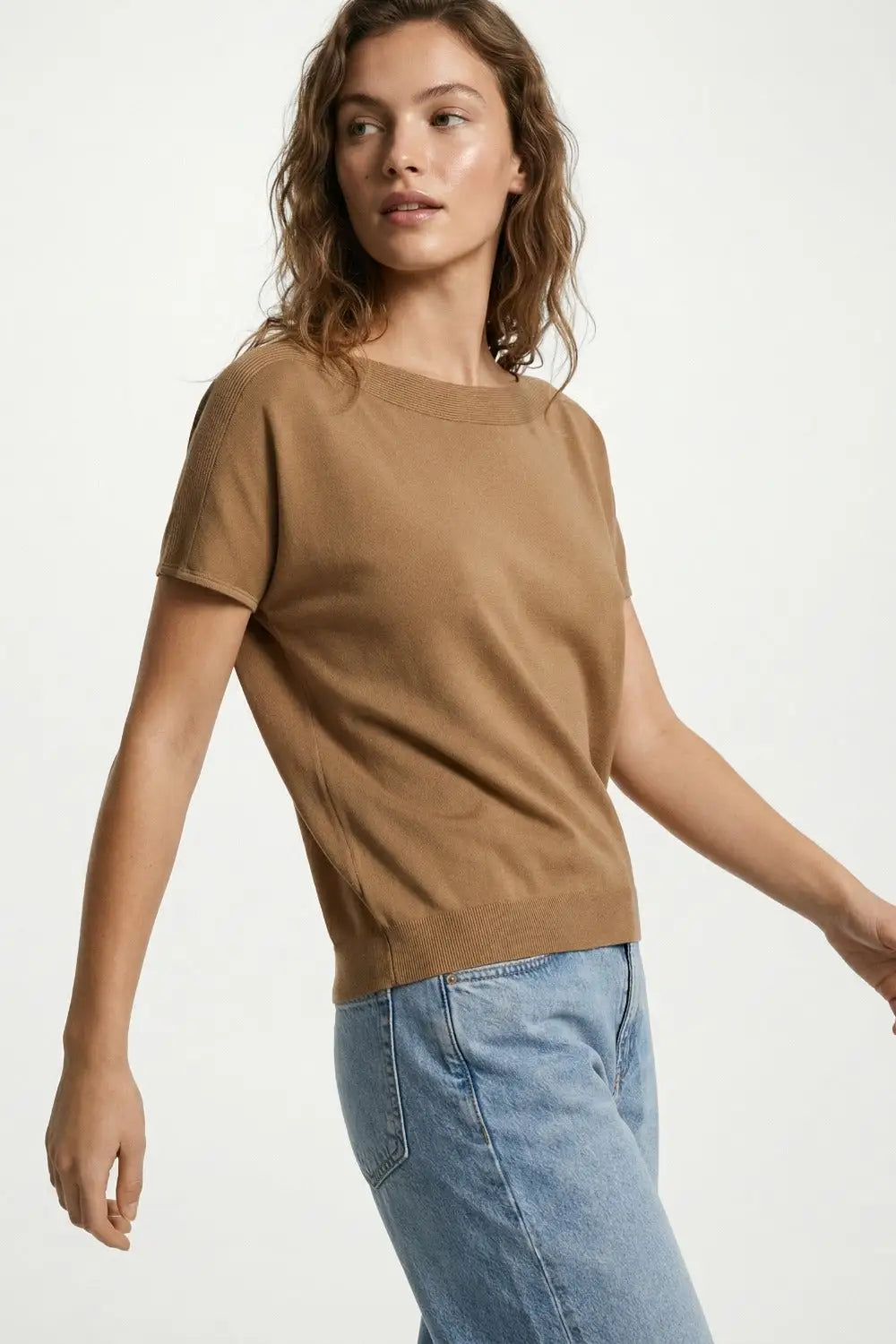 Relaxed camel boatneck sweater with dropped sleeves - CAMEL / ONE - Sweaters