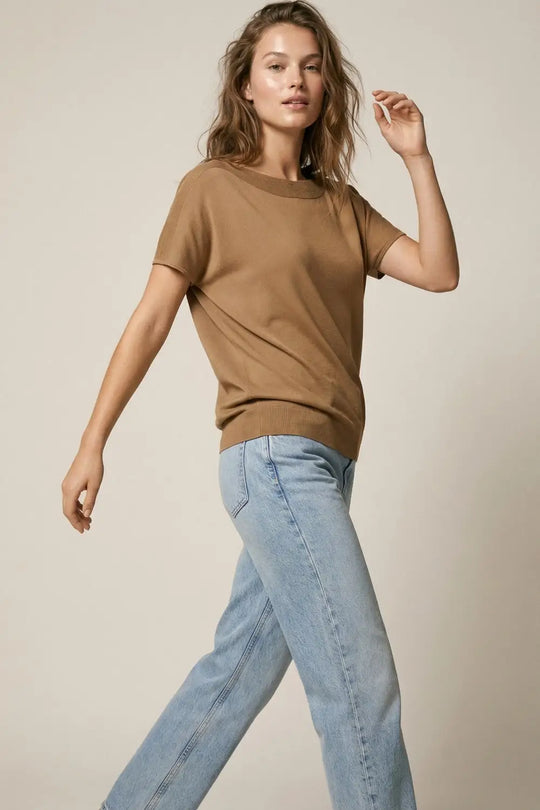 Relaxed camel boatneck sweater with dropped sleeves - CAMEL / ONE - Sweaters