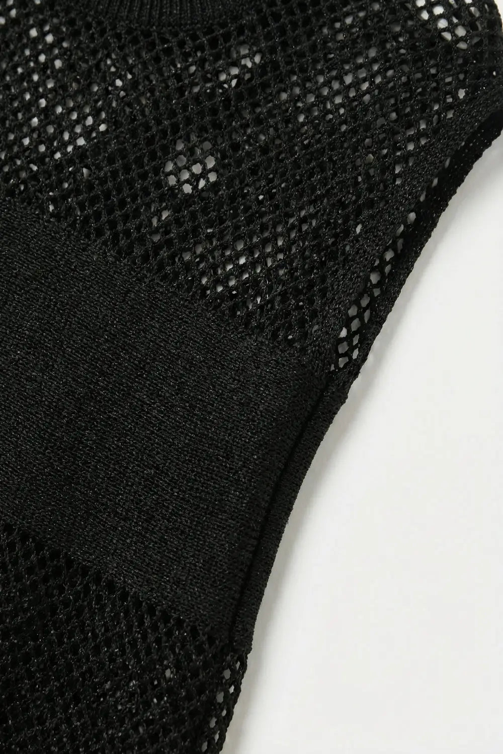 Black Open Knit Relaxed Fit Cap Sleeve Sweater - BLACK / ONE - Sweaters