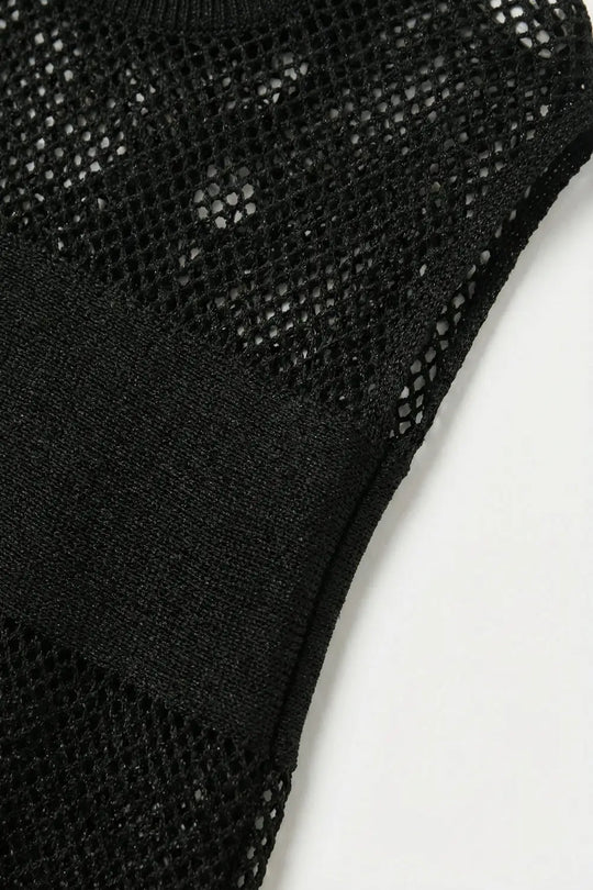 Black Open Knit Relaxed Fit Cap Sleeve Sweater - BLACK / ONE - Sweaters