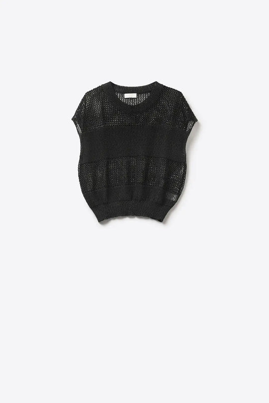 Black Open Knit Relaxed Fit Cap Sleeve Sweater - BLACK / ONE - Sweaters