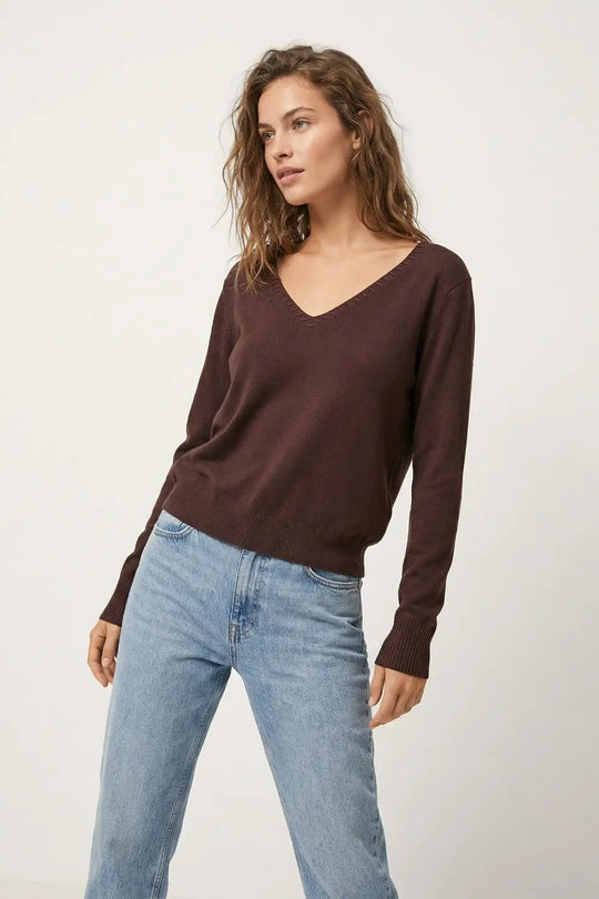 Fine Knit V-Neck Sweater with Decorative Neckline Detail in brown color - BROWN / ONE - Sweaters