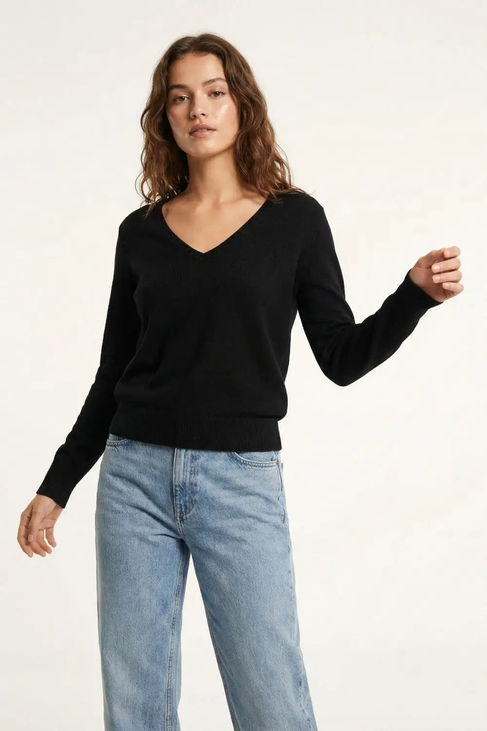 Fine Knit V-Neck Sweater with Decorative Neckline Detail in black color - BLACK / ONE - Sweaters